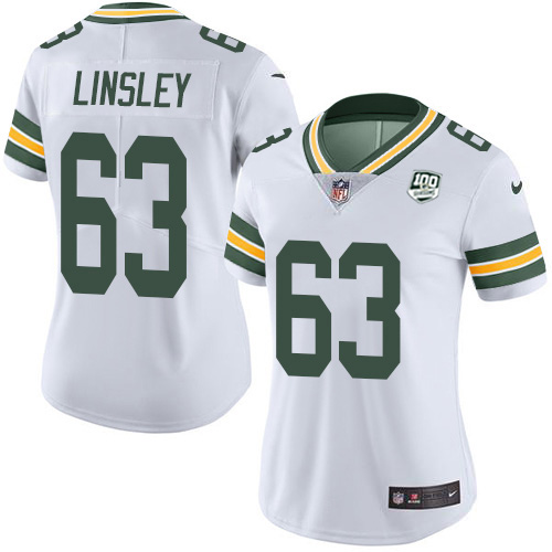 Green Bay Packers #63 Corey Linsley White Women's 100th Season Stitched Vapor Untouchable Limited Jersey Womens