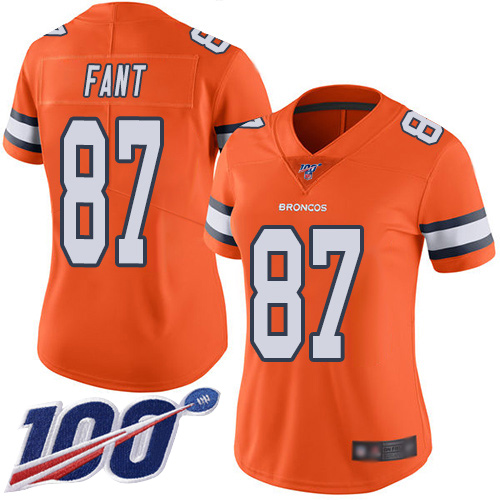 Denver Broncos #87 Noah Fant Orange Women's Stitched Limited Rush 100th Season Jersey Womens