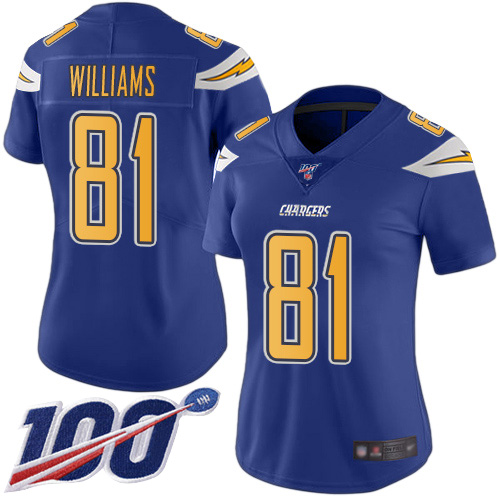 Los Angeles Chargers #81 Mike Williams Electric Blue Women's Stitched Limited Rush 100th Season Jersey Womens