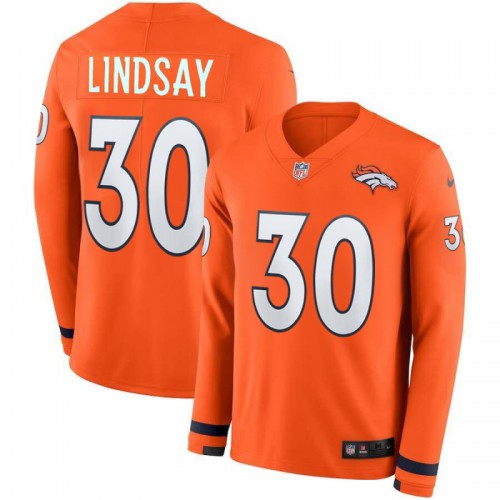 Men's Denver Broncos #30 Phillip Lindsay Orange Team Color Men's Stitched Limited Therma Long Sleeve Jersey Men's