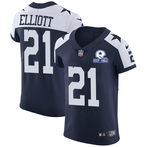 Cowboys #21 Ezekiel Elliott Navy Blue Thanksgiving Men's Stitched With Established In 1960 Patch Vapor Untouchable Throwback Elite Jersey