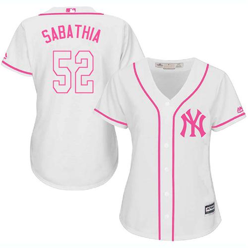 New York Yankees #52 C.C. Sabathia White/Pink Fashion Women's Stitched Jersey Womens