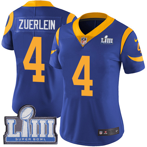 Los Angeles Rams #4 Greg Zuerlein Royal Blue Alternate Super Bowl LIII Bound Women's Stitched Vapor Untouchable Limited Jersey Womens