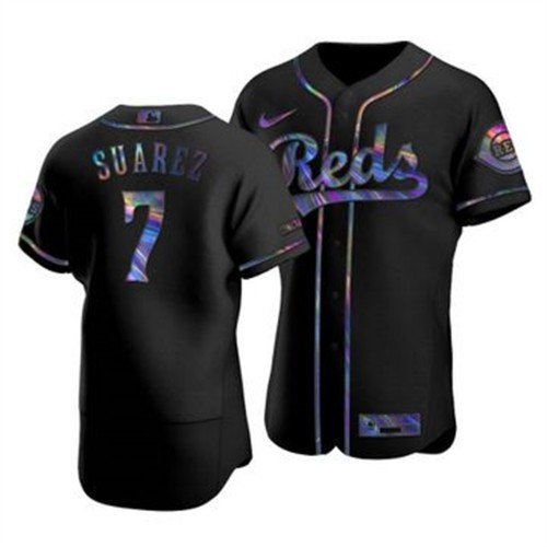 Cincinnati Cincinnati Reds #7 Eugenio Suarez Men's Iridescent Holographic Collection Jersey - Black Men's