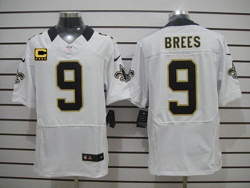 Saints #9 Drew Brees White With C Patch Men's Stitched Elite Jersey