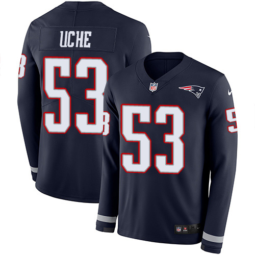New England Patriots #53 Josh Uche Navy Blue Team Color Youth Stitched Limited Therma Long Sleeve Jersey Youth