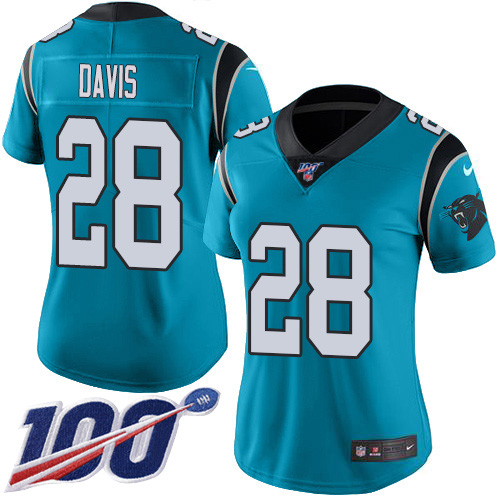 Carolina Panthers #28 Mike Davis Blue Women's Stitched Limited Rush 100th Season Jersey Womens