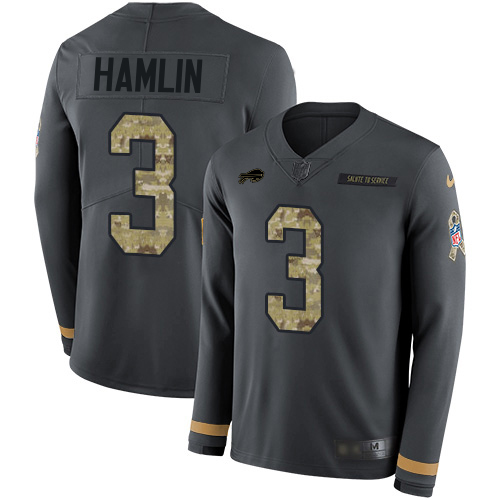 Bills #3 Damar Hamlin Anthracite Salute To Service Men's Stitched Limited Therma Long Sleeve Jersey