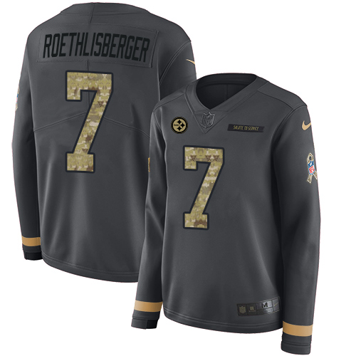 Pittsburgh Steelers #7 Ben Roethlisberger Anthracite Salute to Service Women's Stitched Limited Therma Long Sleeve Jersey Womens