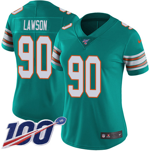 Miami Dolphins #90 Shaq Lawson Aqua Green Alternate Women's Stitched 100th Season Vapor Untouchable Limited Jersey Womens