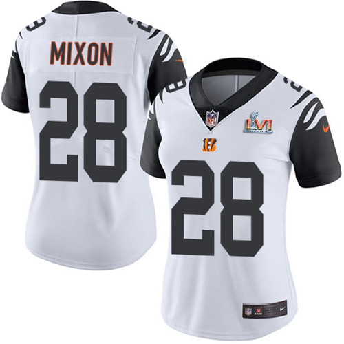 Bengals #28 Joe Mixon White Super Bowl LVI Patch Women's Stitched Limited Rush Jersey
