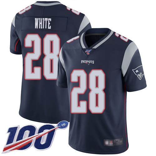 New England Patriots #28 James White Navy Blue Team Color Men's Stitched 100th Season Vapor Limited Jersey Men's