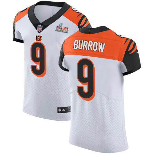 Bengals #9 Joe Burrow White Super Bowl LVI Patch Men's Stitched Vapor Untouchable Elite Jersey