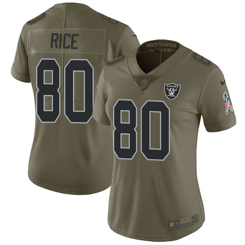 Las Vegas Raiders #80 Jerry Rice Olive Women's Stitched Limited 2017 Salute to Service Jersey Womens