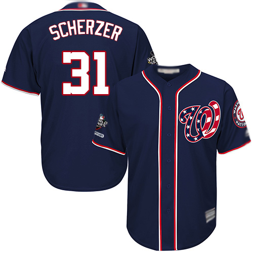 Washington Nationals #31 Max Scherzer Navy Blue Cool Base 2019 World Series Champions Stitched Youth Jersey Youth
