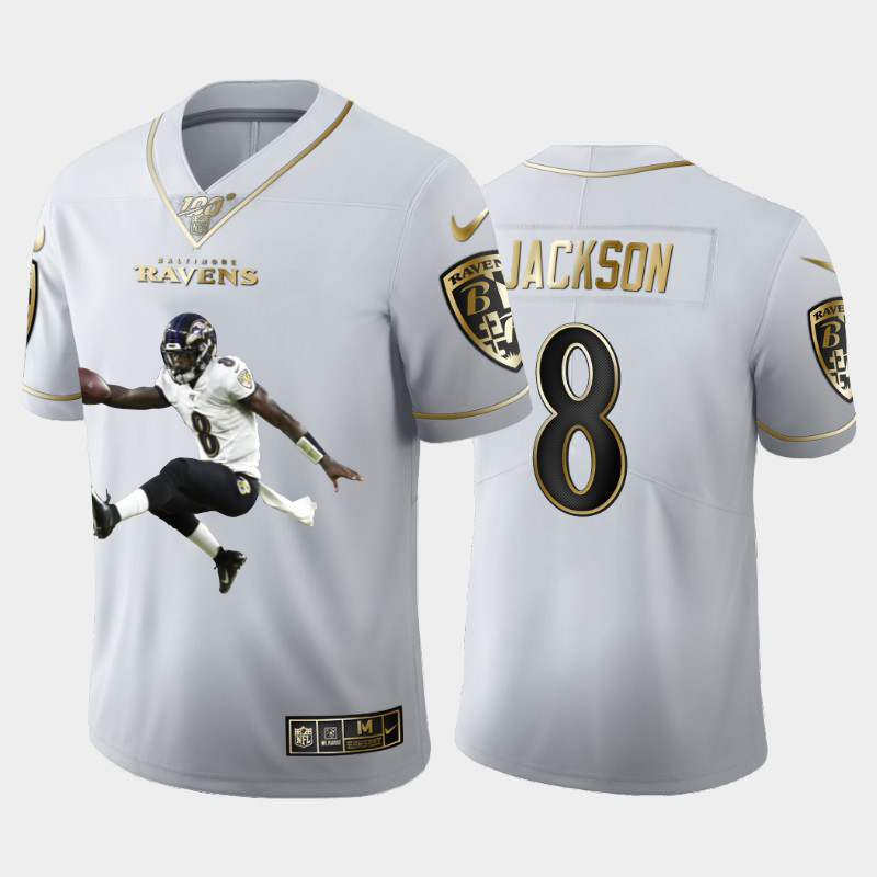 Baltimore Ravens #8 Lamar Jackson Team Hero 3 Vapor Limited 100 Jersey White Golden