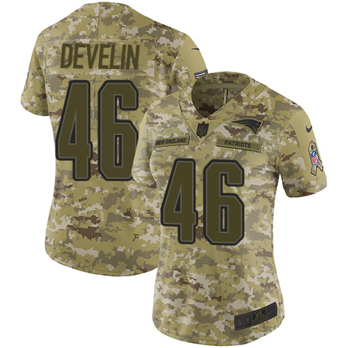 New England Patriots #46 James Develin Camo Women's Stitched Limited 2018 Salute to Service Jersey Womens