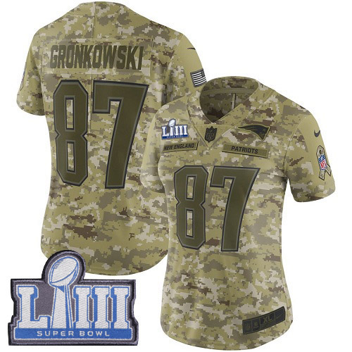 New England Patriots #87 Rob Gronkowski Camo Super Bowl LIII Bound Women's Stitched Limited 2018 Salute to Service Jersey Womens