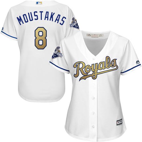 Kansas City Royals #8 Mike Moustakas White 2015 World Series Champions Gold Program Cool Base Women's Stitched Jersey Womens