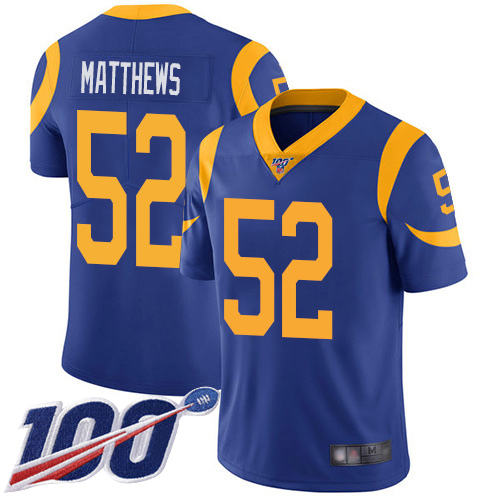 Los Angeles Rams #52 Clay Matthews Royal Blue Alternate Men's Stitched 100th Season Vapor Limited Jersey Men's