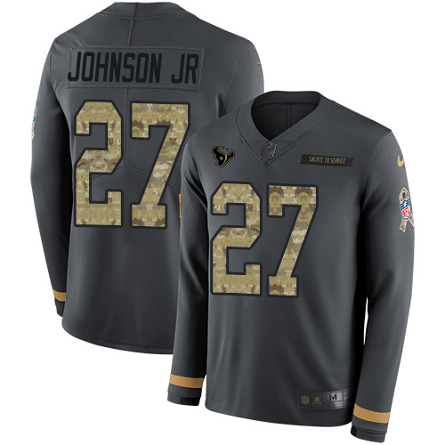 Houston Texans #27 Duke Johnson Jr Anthracite Salute to Service Youth Stitched Limited Therma Long Sleeve Jersey Youth