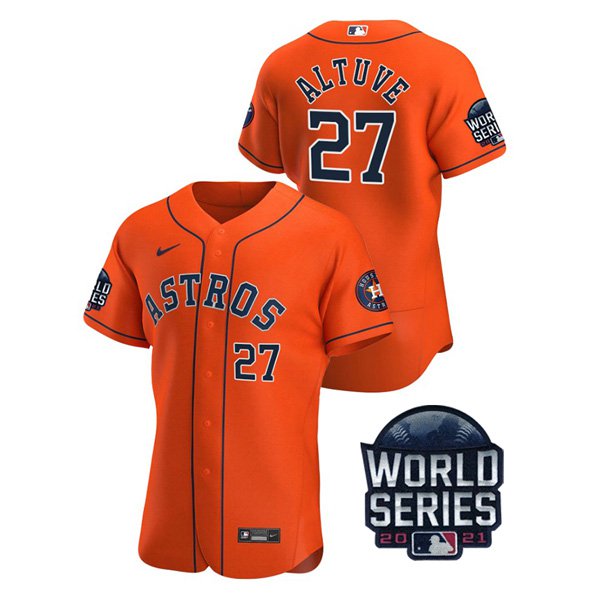 Houston Astros #27 Jose Altuve Men's 150th Anniversary 2021 World Series Authentic Jersey - Orange