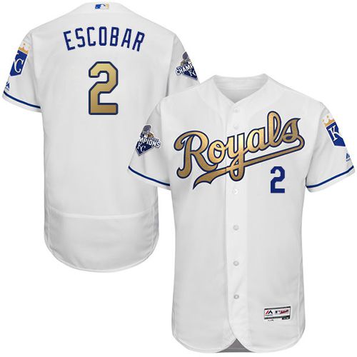 Kansas City Royals #2 Alcides Escobar White 2015 World Series Champions Gold Program FlexBase Authentic Stitched Jersey Men's