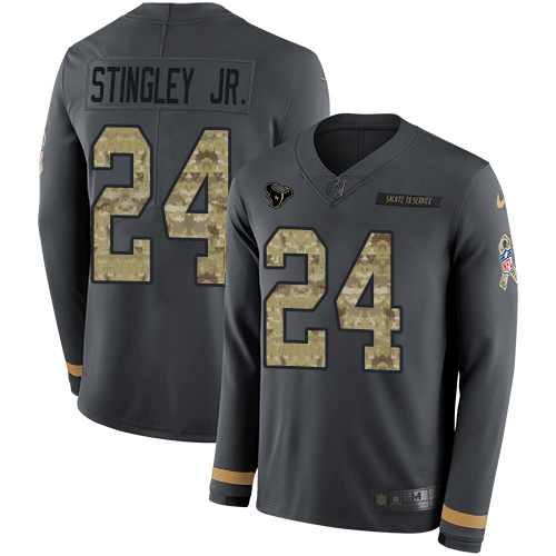 Texans #24 Derek Stingley Jr. Anthracite Salute To Service Men's Stitched Limited Therma Long Sleeve Jersey