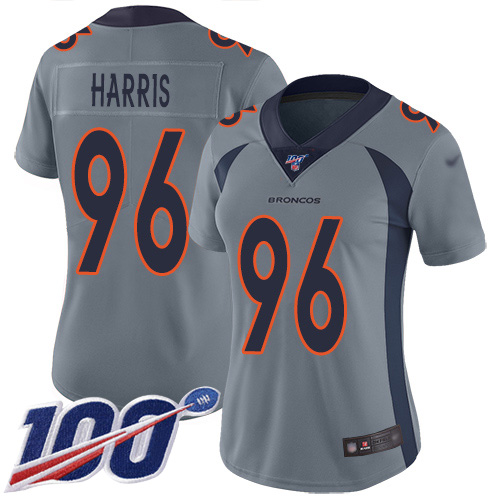Denver Broncos #96 Shelby Harris Gray Women's Stitched Limited Inverted Legend 100th Season Jersey Womens