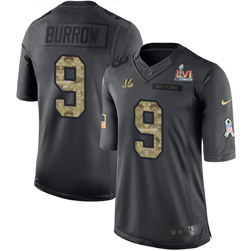 Bengals #9 Joe Burrow Black Team Color Super Bowl LVI Patch Youth Stitched Limited Therma Long Sleeve Jersey