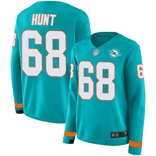 Miami Dolphins #68 Robert Hunt Aqua Green Team Color Women's Stitched Limited Therma Long Sleeve Jersey Womens