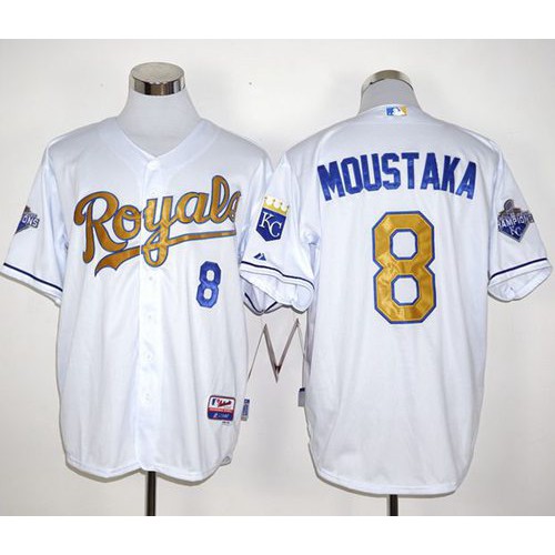 Kansas City Royals #8 Mike Moustakas White 2015 World Series Champions Gold Program Stitched Jersey Men's