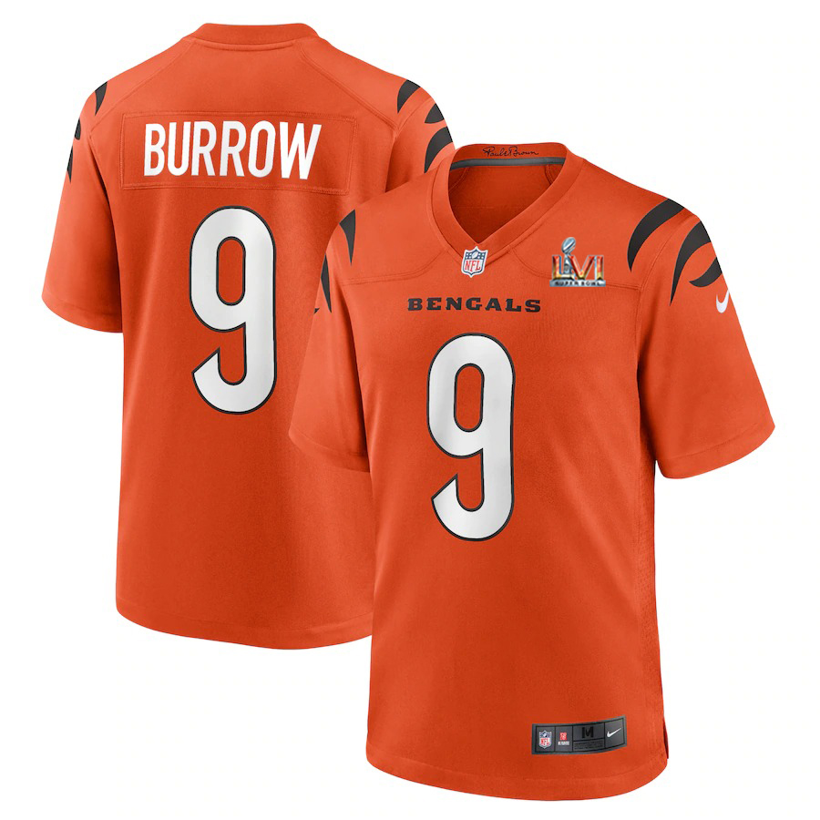 Cincinnati Bengals #9 Joe Burrow Orange Super Bowl LVI Patch Alternate Game Jersey