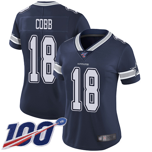 Dallas Cowboys #18 Randall Cobb Navy Blue Team Color Women's Stitched 100th Season Vapor Limited Jersey Womens