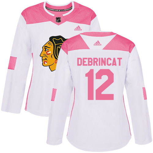 Adidas Chicago Blackhawks #12 Alex DeBrincat White/Pink Authentic Fashion Women's Stitched Jersey Womens