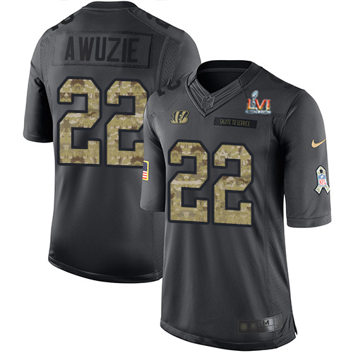 Cincinnati Bengals #22 Chidobe Awuzie Black Super Bowl LVI Patch Men's Stitched Limited 2016 Salute to Service Jersey Men's