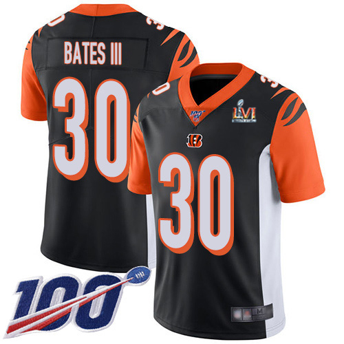 Bengals #30 Jessie Bates Black Team Color Super Bowl LVI Patch Men's Stitched 100th Season Vapor Limited Jersey