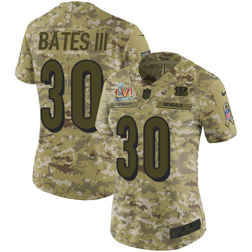 Bengals #30 Jessie Bates III Camo Super Bowl LVI Patch Women's Stitched Limited 2018 Salute To Service Jersey
