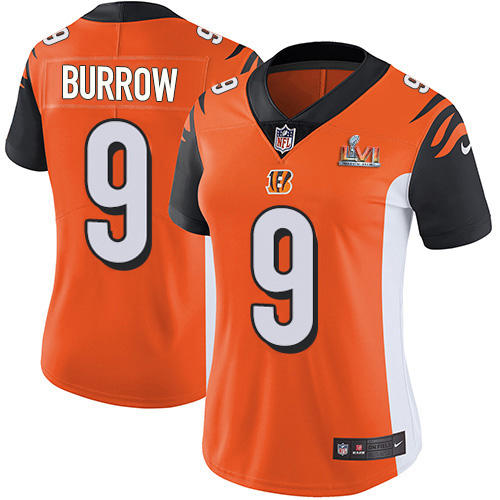 Bengals #9 Joe Burrow Orange Alternate Super Bowl LVI Patch Women's Stitched Vapor Untouchable Limited Jersey