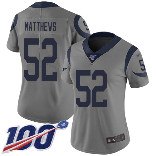 Los Angeles Rams #52 Clay Matthews Gray Women's Stitched Limited Inverted Legend 100th Season Jersey Womens