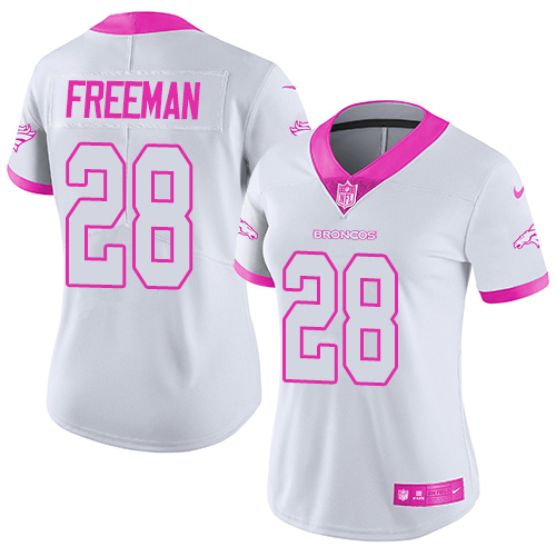 Denver Broncos #28 Royce Freeman White/Pink Women's Stitched Limited Rush Fashion Jersey Womens