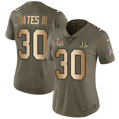 Bengals #30 Jessie Bates Olive/Gold Super Bowl LVI Patch Women's Stitched Limited 2017 Salute To Service Jersey