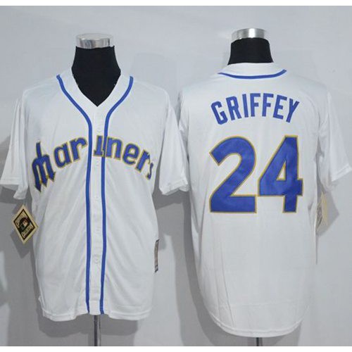 Mitchell And Ness Seattle Mariners #24 Ken Griffey White Throwback Stitched Jersey Men's