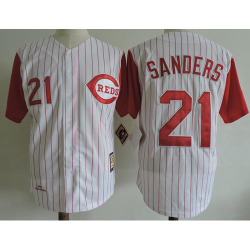 Mitchell And Ness 1997 Cincinnati Reds #21 Reggie Sanders White Strip Throwback Stitched Jersey Men's
