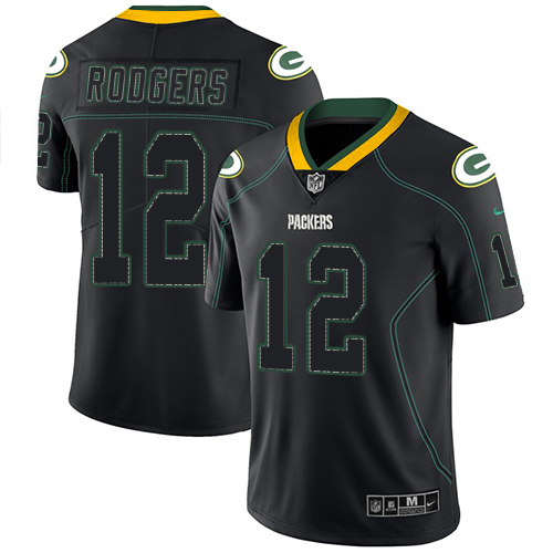 Packers #12 Aaron Rodgers Lights Out Black Men's Stitched Limited Rush Jersey
