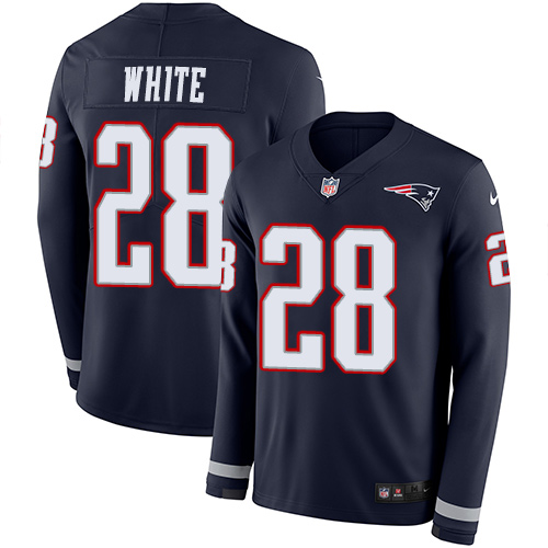 New England Patriots #28 James White Navy Blue Team Color Men's Stitched Limited Therma Long Sleeve Jersey Men's