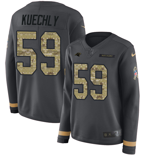 Carolina Panthers #59 Luke Kuechly Anthracite Salute to Service Women's Stitched Limited Therma Long Sleeve Jersey Womens
