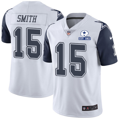 Dallas Cowboys #15 Devin Smith White Men's Stitched With Established In 1960 Patch Limited Rush Jersey Men's
