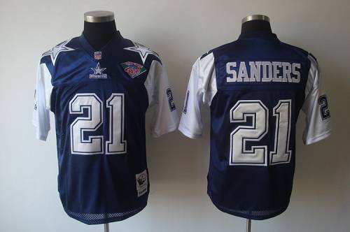 Mitchell & Ness Cowboys #21 Deion Sanders Blue/White With 75TH Stitched Throwback Jersey