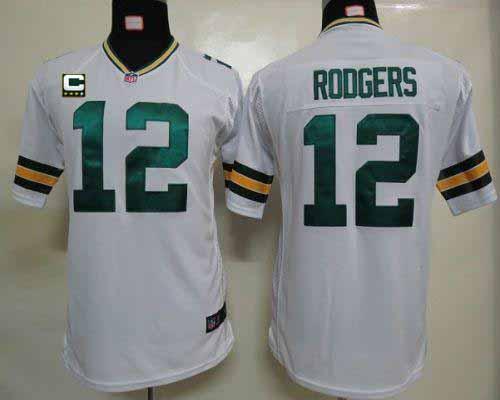 Packers #12 Aaron Rodgers White With C Patch Youth Stitched Elite Jersey